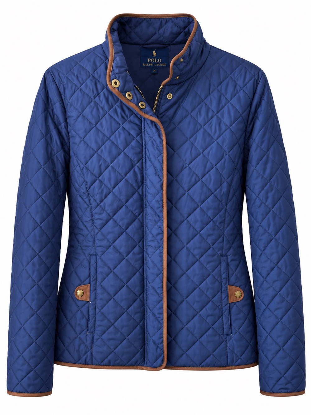 Lauren Ralph Lauren Navy Blue Diamond Quilted Jacket Brown Faux Suede Trim M